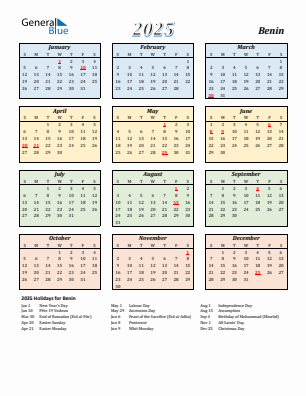 Benin current year calendar 2025 with holidays