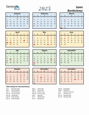 Saint Barthelemy current year calendar 2025 with holidays