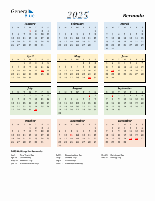 Bermuda current year calendar 2025 with holidays