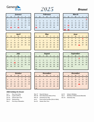 Brunei current year calendar 2025 with holidays