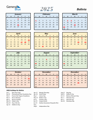 Bolivia current year calendar 2025 with holidays