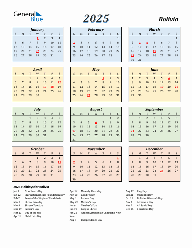 Bolivia Calendar 2025 with Sunday Start