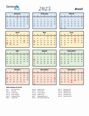 Brazil current year calendar 2025 with holidays