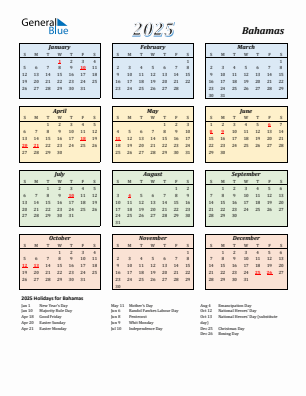 Bahamas current year calendar 2025 with holidays