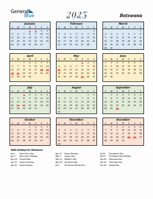 Botswana current year calendar 2025 with holidays