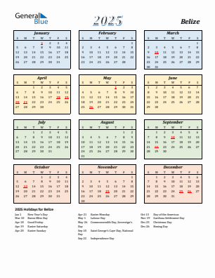 Belize current year calendar 2025 with holidays