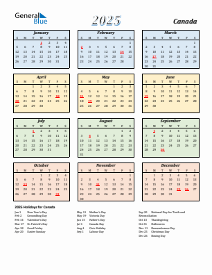 Canada current year calendar 2025 with holidays