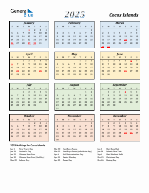 Cocos Islands current year calendar 2025 with holidays