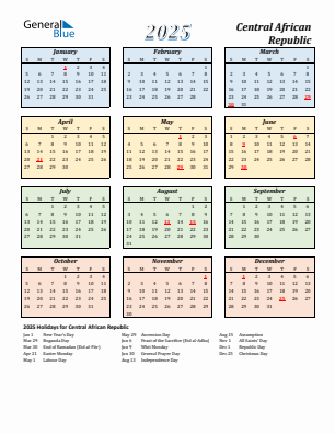 Central African Republic current year calendar 2025 with holidays