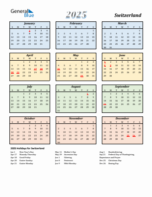 Switzerland current year calendar 2025 with holidays