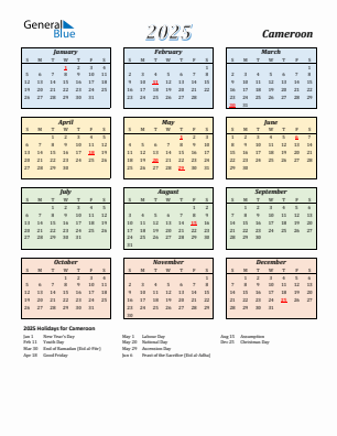 Cameroon current year calendar 2025 with holidays