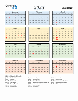 Colombia current year calendar 2025 with holidays