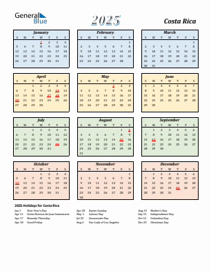 Costa Rica current year calendar 2025 with holidays