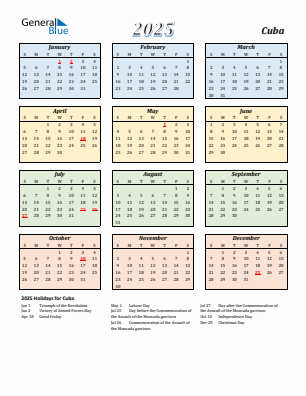 Cuba current year calendar 2025 with holidays