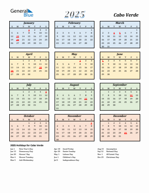 Cabo Verde current year calendar 2025 with holidays