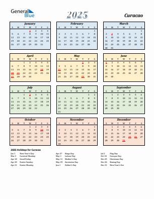 Curacao current year calendar 2025 with holidays