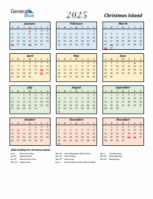 Christmas Island current year calendar 2025 with holidays