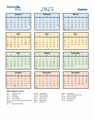 Cyprus current year calendar 2025 with holidays