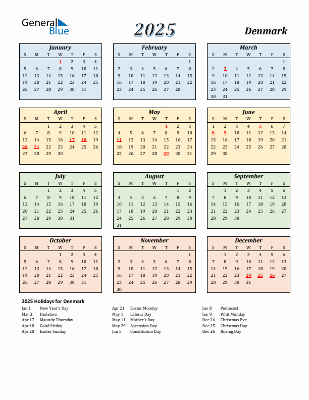 Denmark Calendar 2025 with Sunday Start