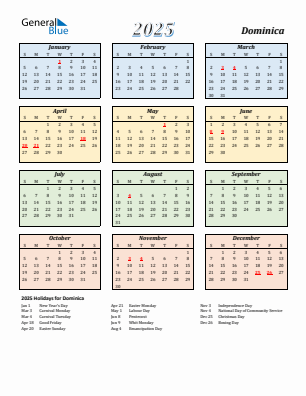 Dominica current year calendar 2025 with holidays