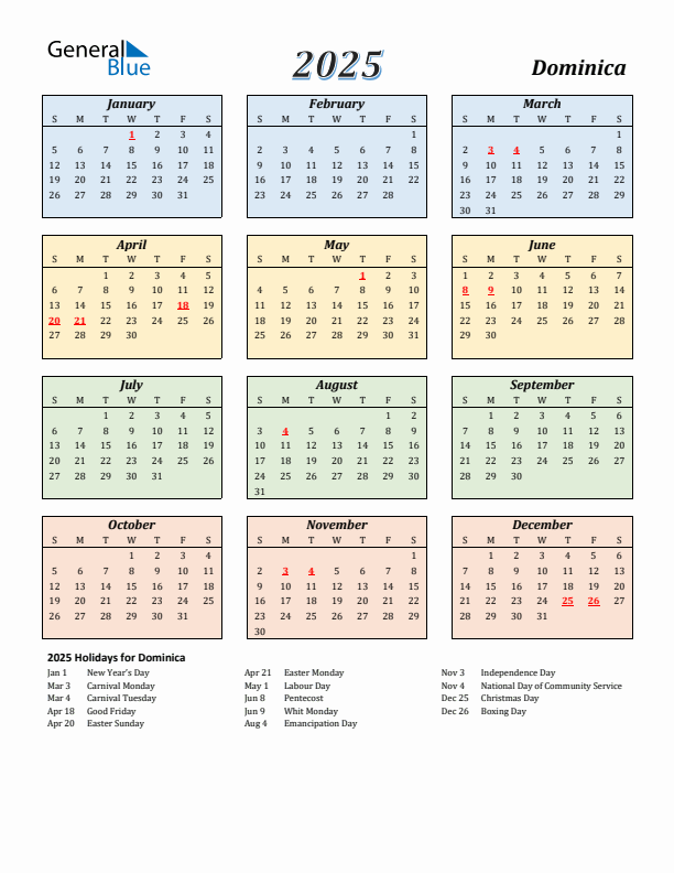 Dominica Calendar 2025 with Sunday Start