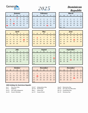 Dominican Republic current year calendar 2025 with holidays