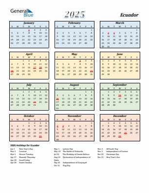 Ecuador current year calendar 2025 with holidays