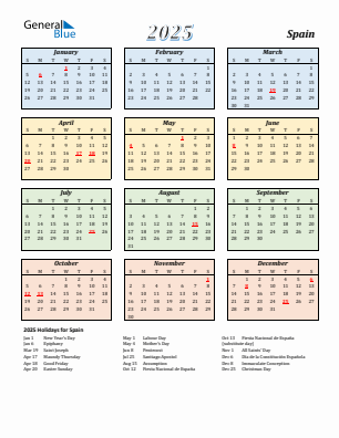 Spain current year calendar 2025 with holidays