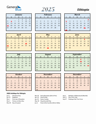 Ethiopia current year calendar 2025 with holidays