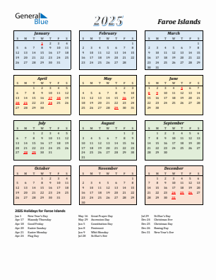 Faroe Islands current year calendar 2025 with holidays