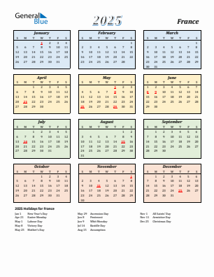 France current year calendar 2025 with holidays