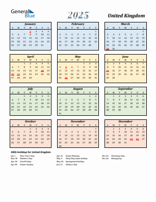 United Kingdom current year calendar 2025 with holidays