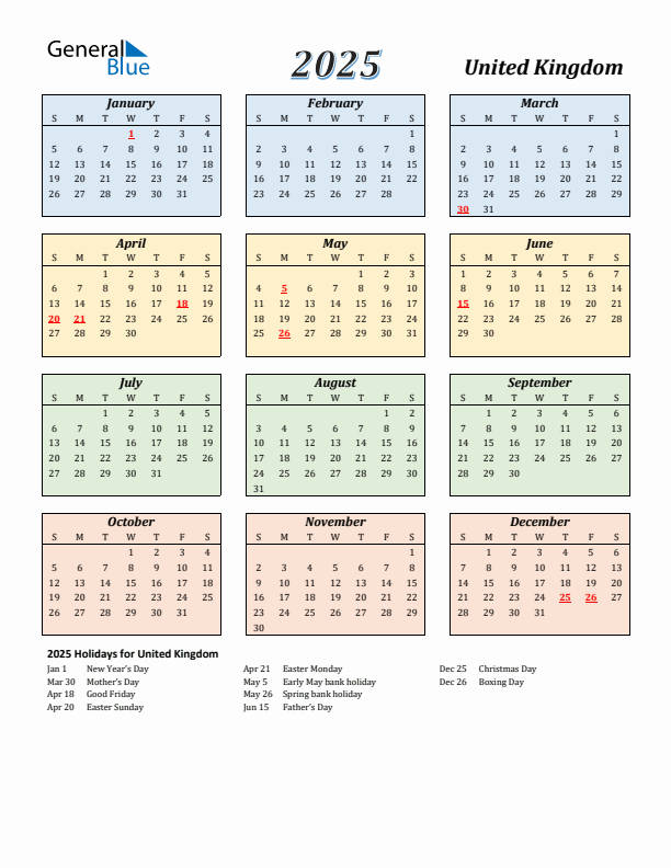 United Kingdom Calendar 2025 with Sunday Start