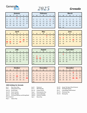 Grenada current year calendar 2025 with holidays