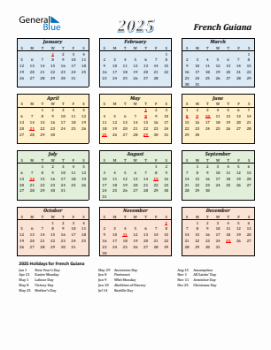 French Guiana current year calendar 2025 with holidays