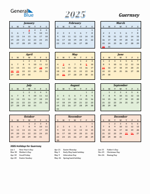 Guernsey current year calendar 2025 with holidays