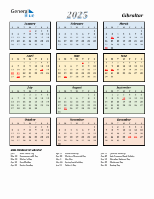 Gibraltar current year calendar 2025 with holidays