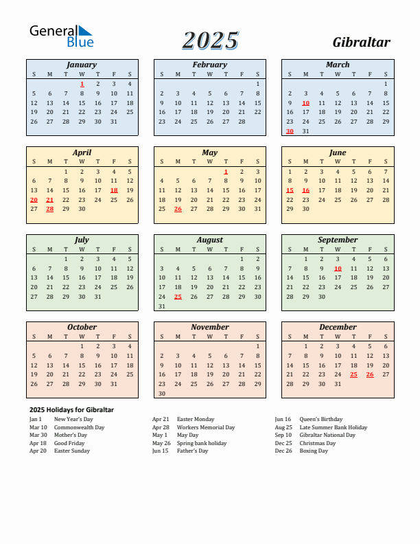 Gibraltar Calendar 2025 with Sunday Start