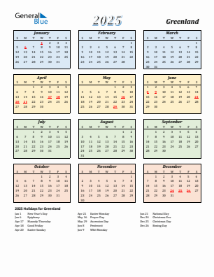 Greenland current year calendar 2025 with holidays