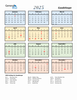 Guadeloupe current year calendar 2025 with holidays