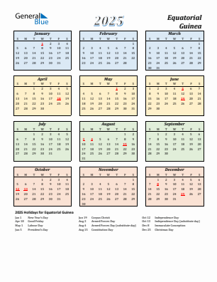 Equatorial Guinea current year calendar 2025 with holidays