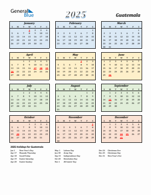 Guatemala current year calendar 2025 with holidays