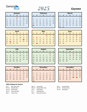 Guyana current year calendar 2025 with holidays