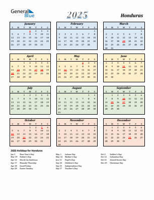 Honduras current year calendar 2025 with holidays