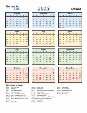 Croatia current year calendar 2025 with holidays