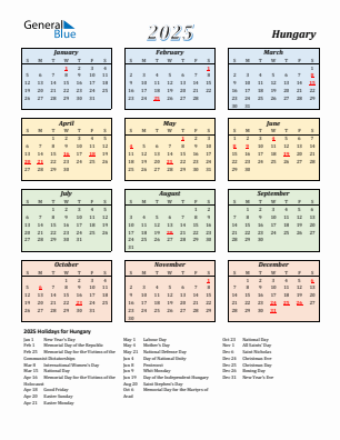 Hungary current year calendar 2025 with holidays