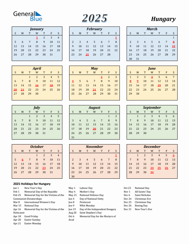 Hungary Calendar 2025 with Sunday Start