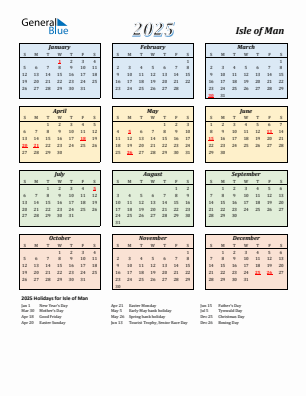 Isle of Man current year calendar 2025 with holidays