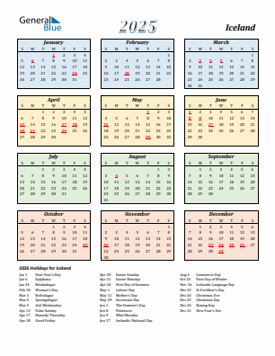 Iceland current year calendar 2025 with holidays