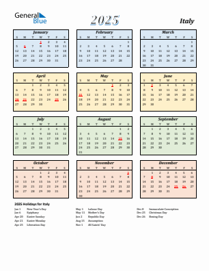 Italy current year calendar 2025 with holidays